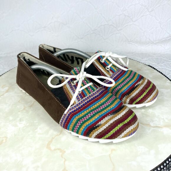 TOMS Striped Slip On Shoes Sz 8.5 Brown Classic Fabric Flat Boho Hippie Loafers - Picture 1 of 12